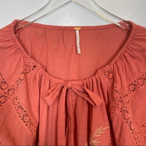 Free People Terra Cotta Maria Maria Top Ribbon Tie Gathered Waist Embroidery M - Picture 7 of 15